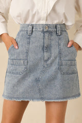 Off the Beaten Path Distressed Blue Stripe Cotton Denim Mini Skirt