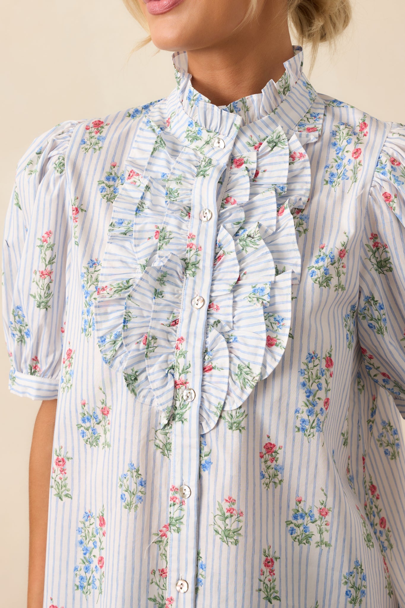 Things Happen Light Blue Stripe Floral Cotton Button Front Top