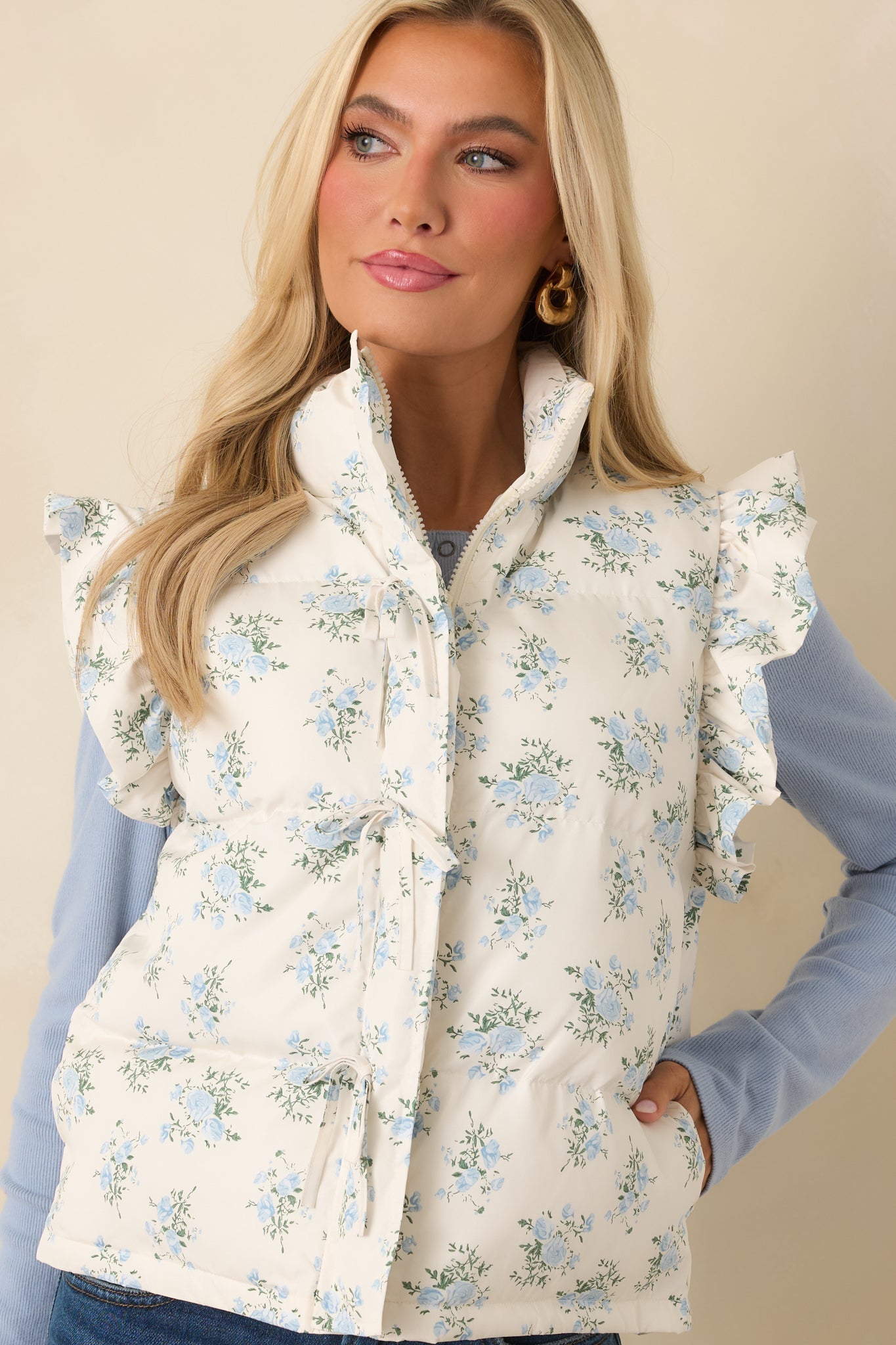 Glad You're Here Ivory Multi Floral Pattern Puffer Vest