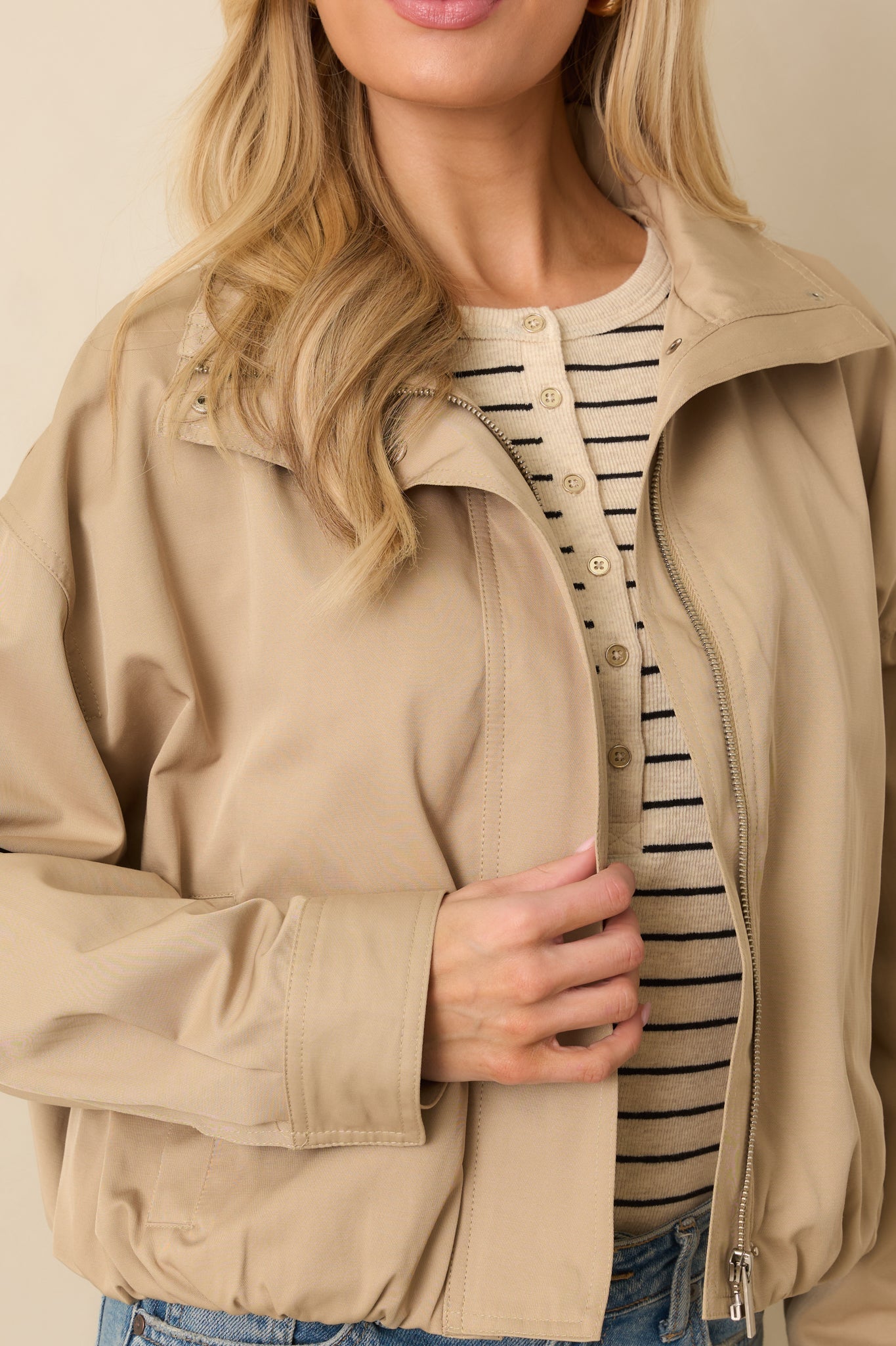 Smooth Finish Khaki Zip Up Bomber Jacket