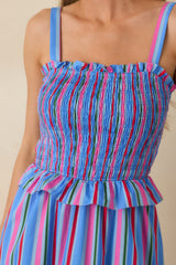 Sunny Side Up Blue Multi Stripe Cotton Smocked Tiered Maxi Dress