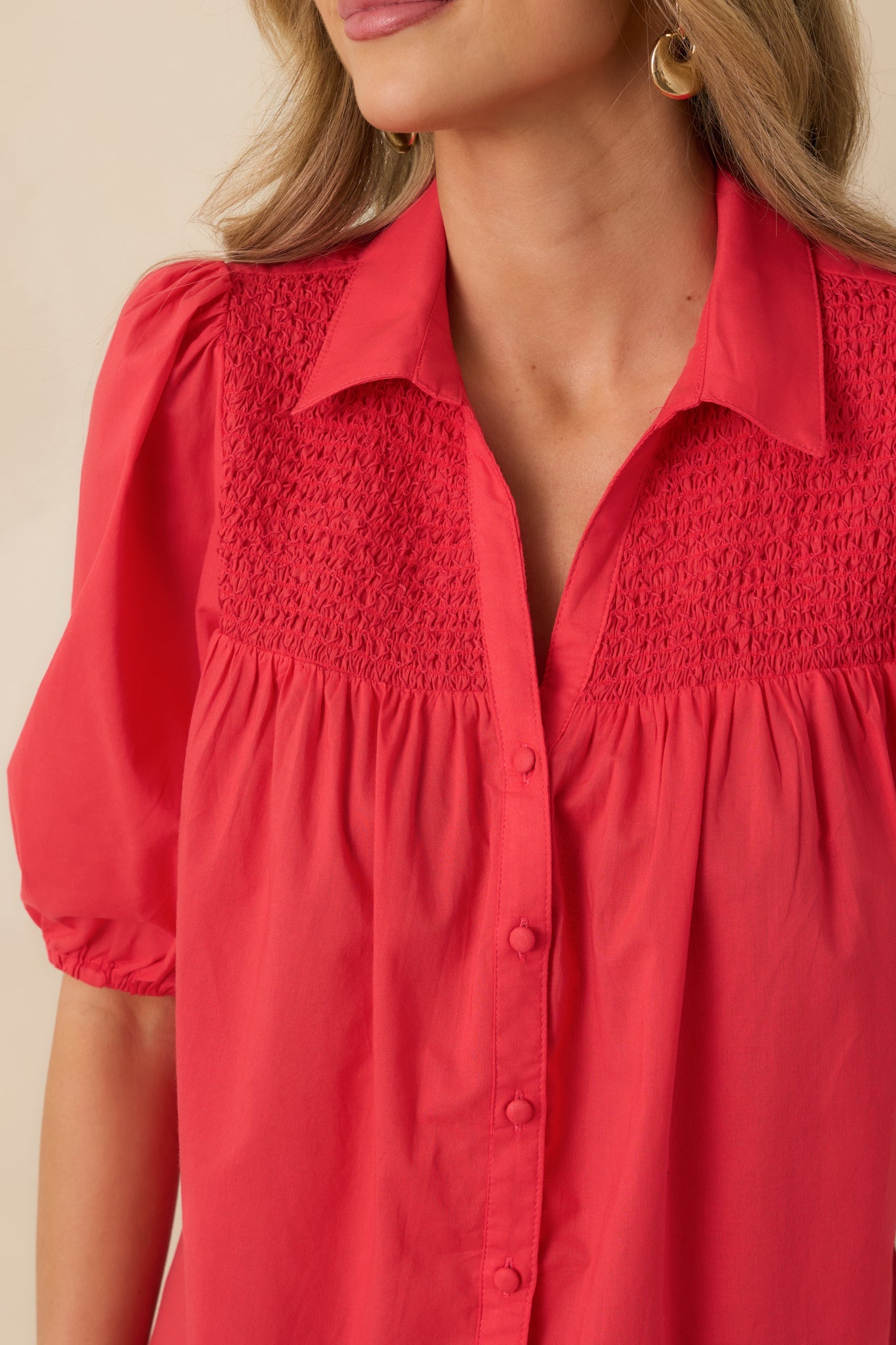 Precious As You Watermelon Red Cotton Puff Sleeve Smocked Button Up Blouse