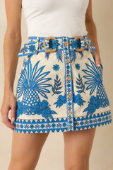 Aylaya Male Vibrant Blue & Ivory Cotton Tropical Print Mini Skirt