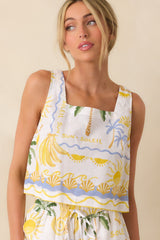 Paradisa Bahia Bay White Multi Linen Blend Tropical Print Tank Top