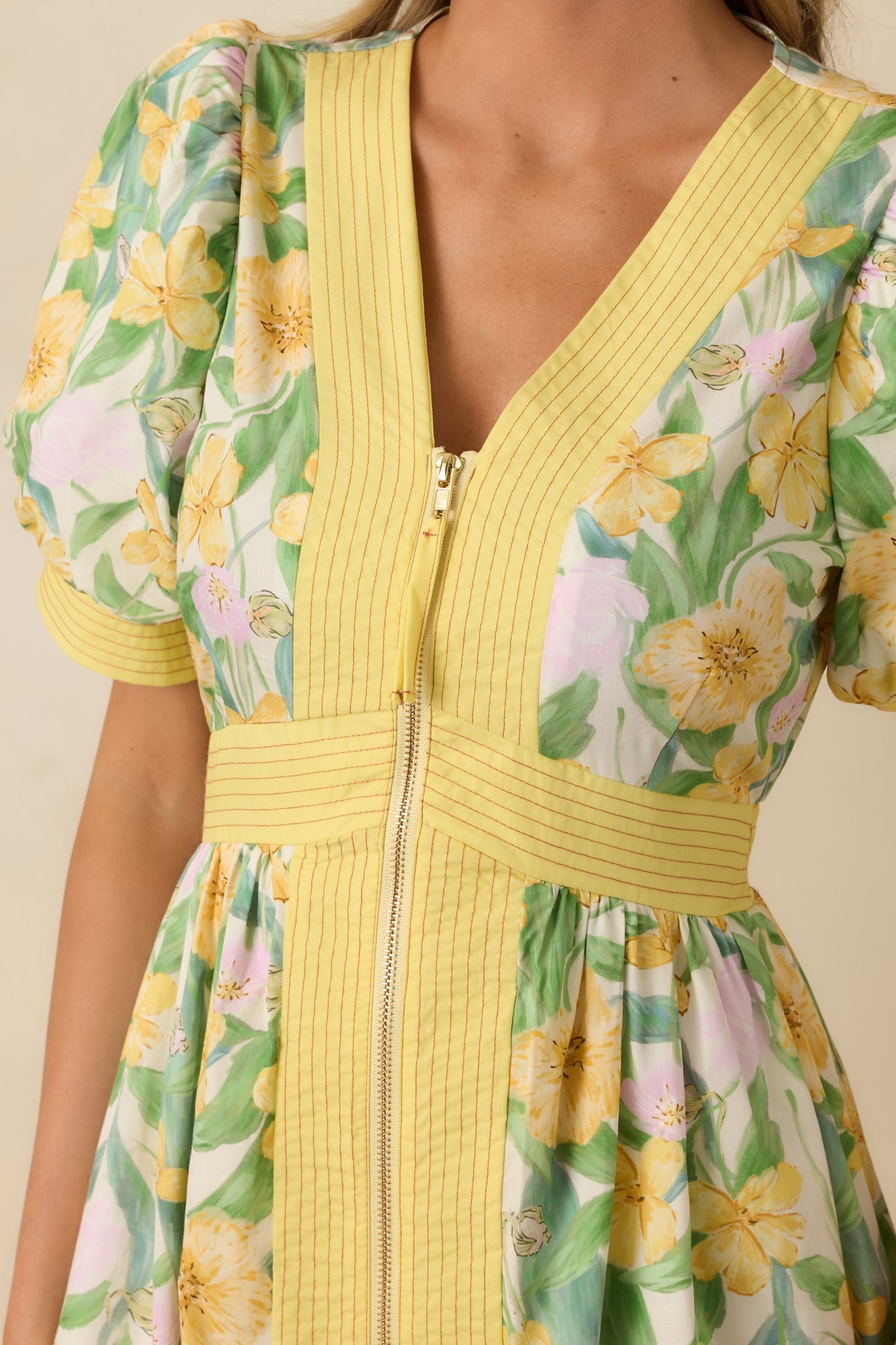 Color Me Floral Yellow Multi Floral Print Cotton Zip Front Midi Dress
