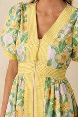 Color Me Floral Yellow Multi Floral Print Cotton Zip Front Midi Dress