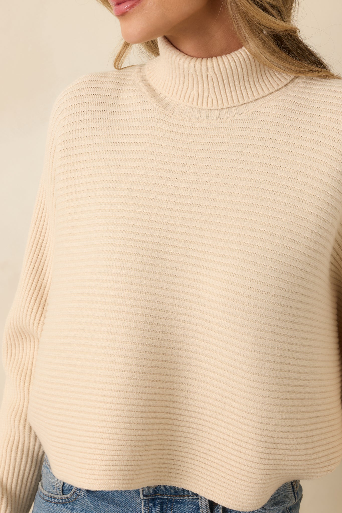 Polished Path Beige Ribbed Batwing Cropped Turtleneck Sweater