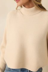Polished Path Beige Ribbed Batwing Cropped Turtleneck Sweater