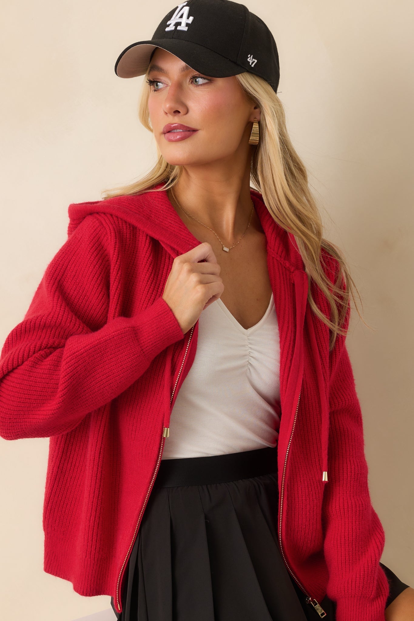 Call It What It Is Red Ribbed Knit Long Sleeve Zip Up Hoodie