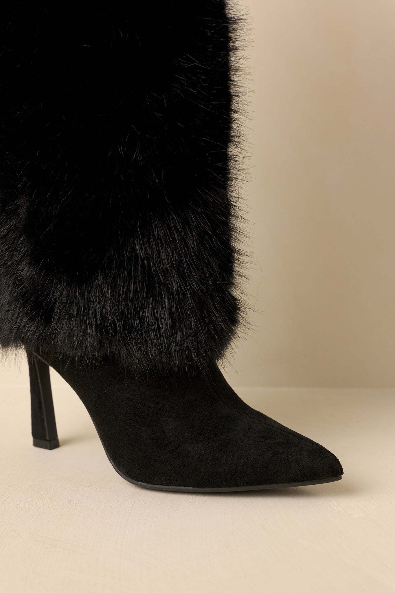 Fine Point Black Faux Fur and Suede Pointed Toe Stiletto Boots