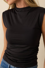 Yve Black Sleeveless Ruched Mock Neck Top