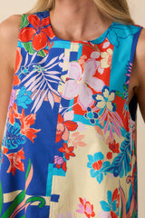 Glow From Within Blue Tropical Floral Cotton Mini Shift Dress