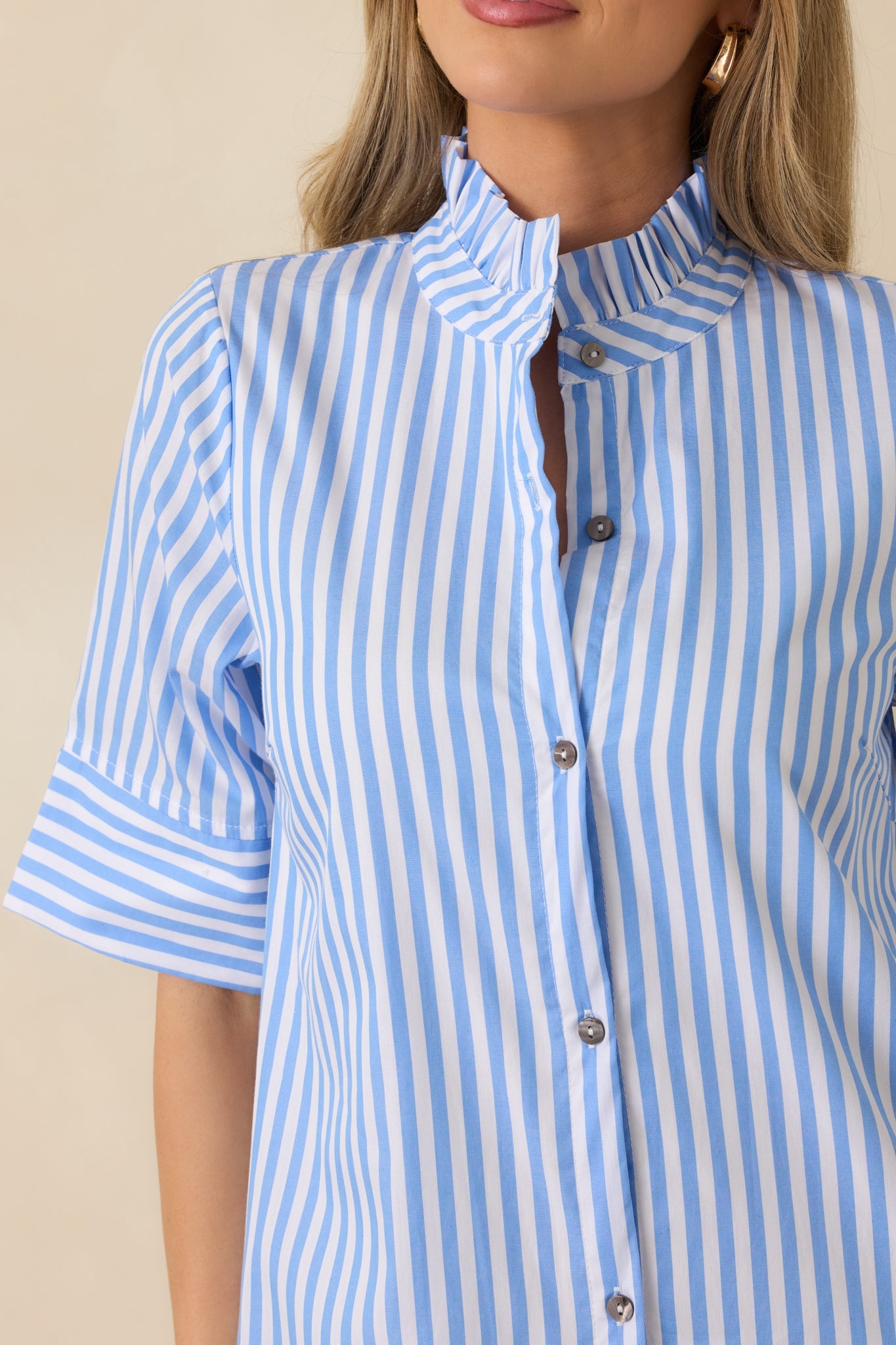 In Perfect Order Blue Stripe Button Front Ruffle Collar Midi Shirt Dress