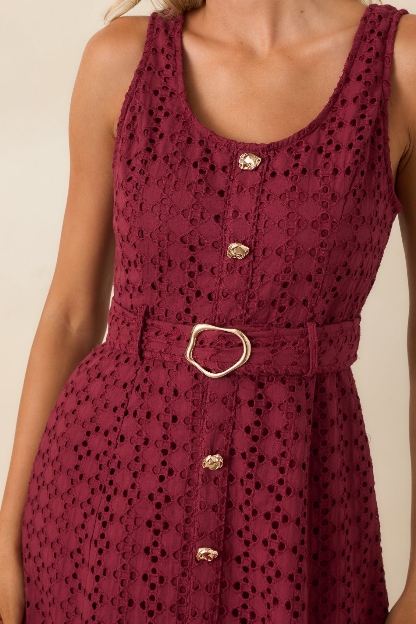 Garden Society Burgundy Cotton Eyelet Sleeveless Midi Dress