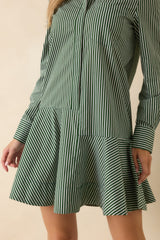 Perfectly Aligned Dark Olive Stripe Long Sleeve Shirt Dress