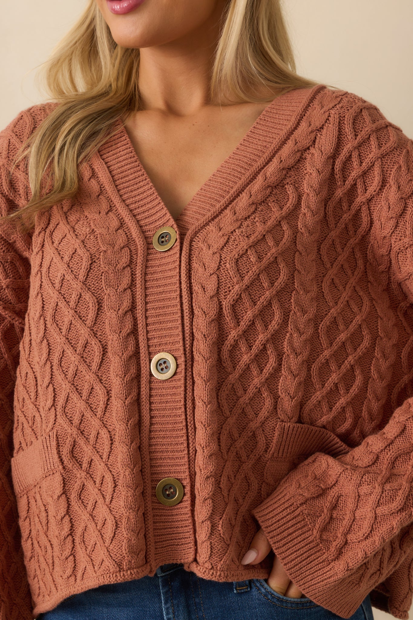 For Old Time's Sake Terracotta Cable Knit Button Up Cardigan