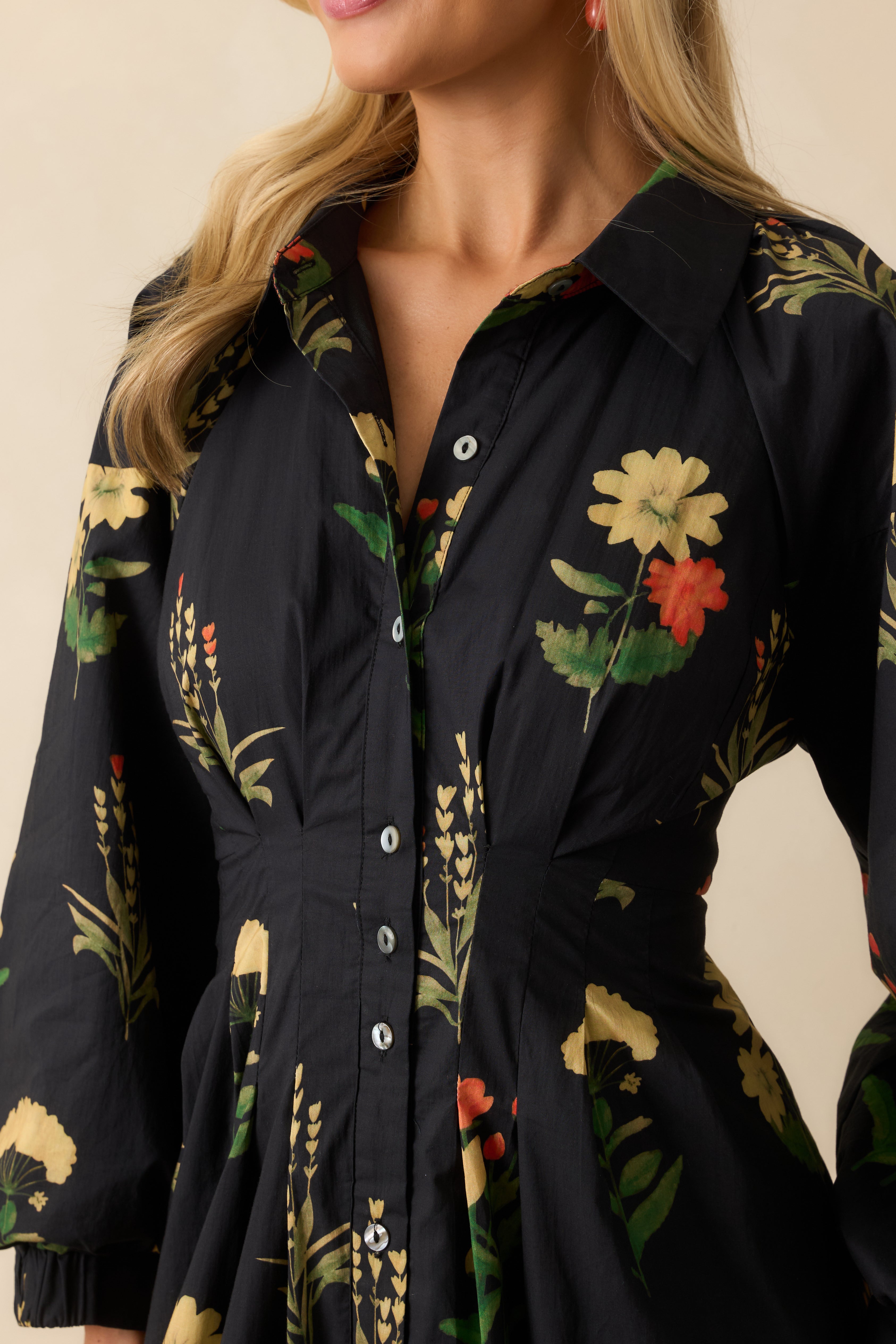 Endlessly Charmed Black Multi Floral Print Cotton Button Front Maxi Dress