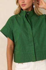 Pretty In Power Fern Green Cotton Linen Button-Front Mock Neck Top