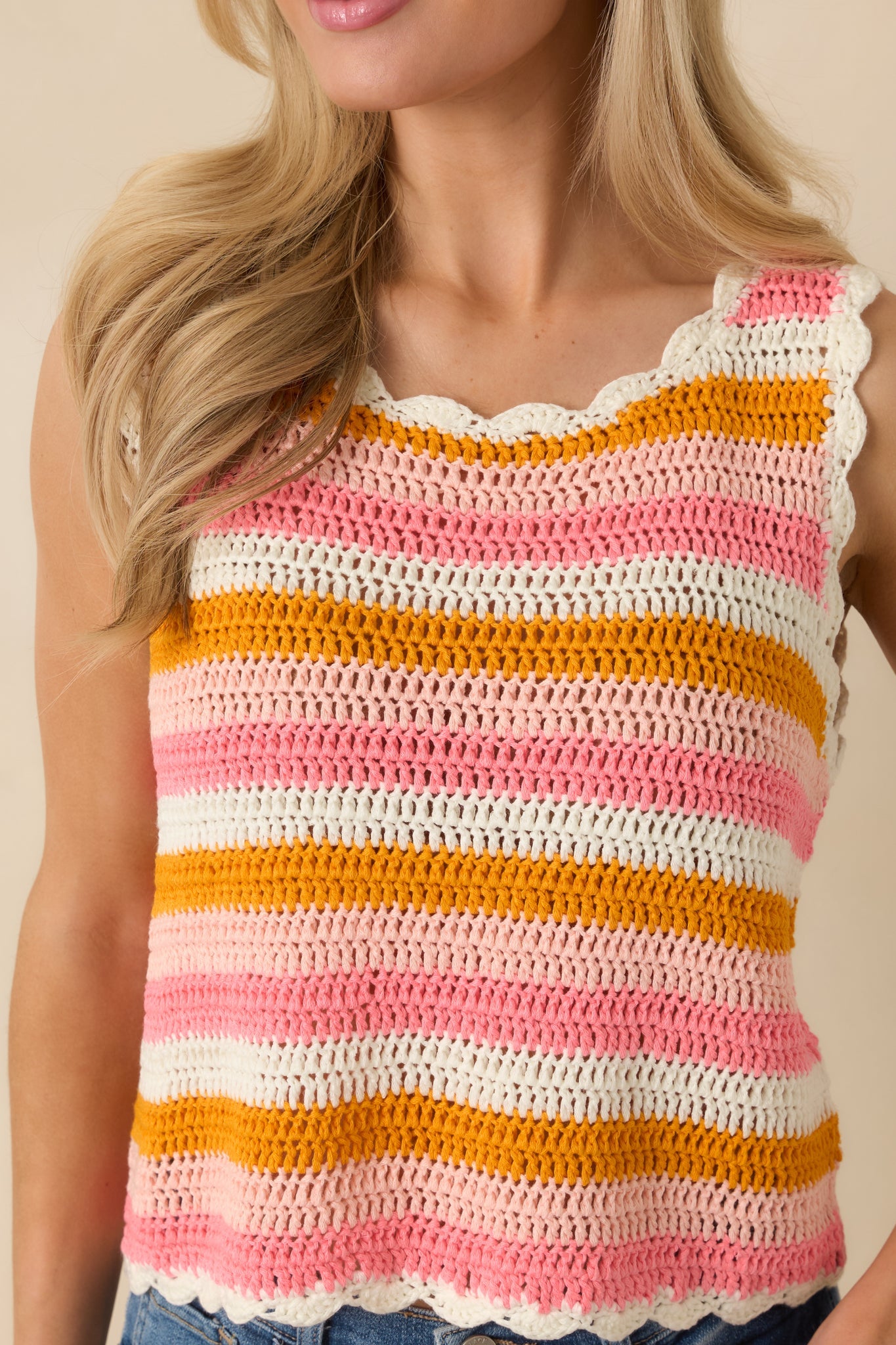 Sunkissed Sorbet Pink & Orange Stripe Crochet Knit Tank Top