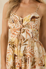 One More Song Tan Multi Tropical Keyhole Tiered Mini Dress