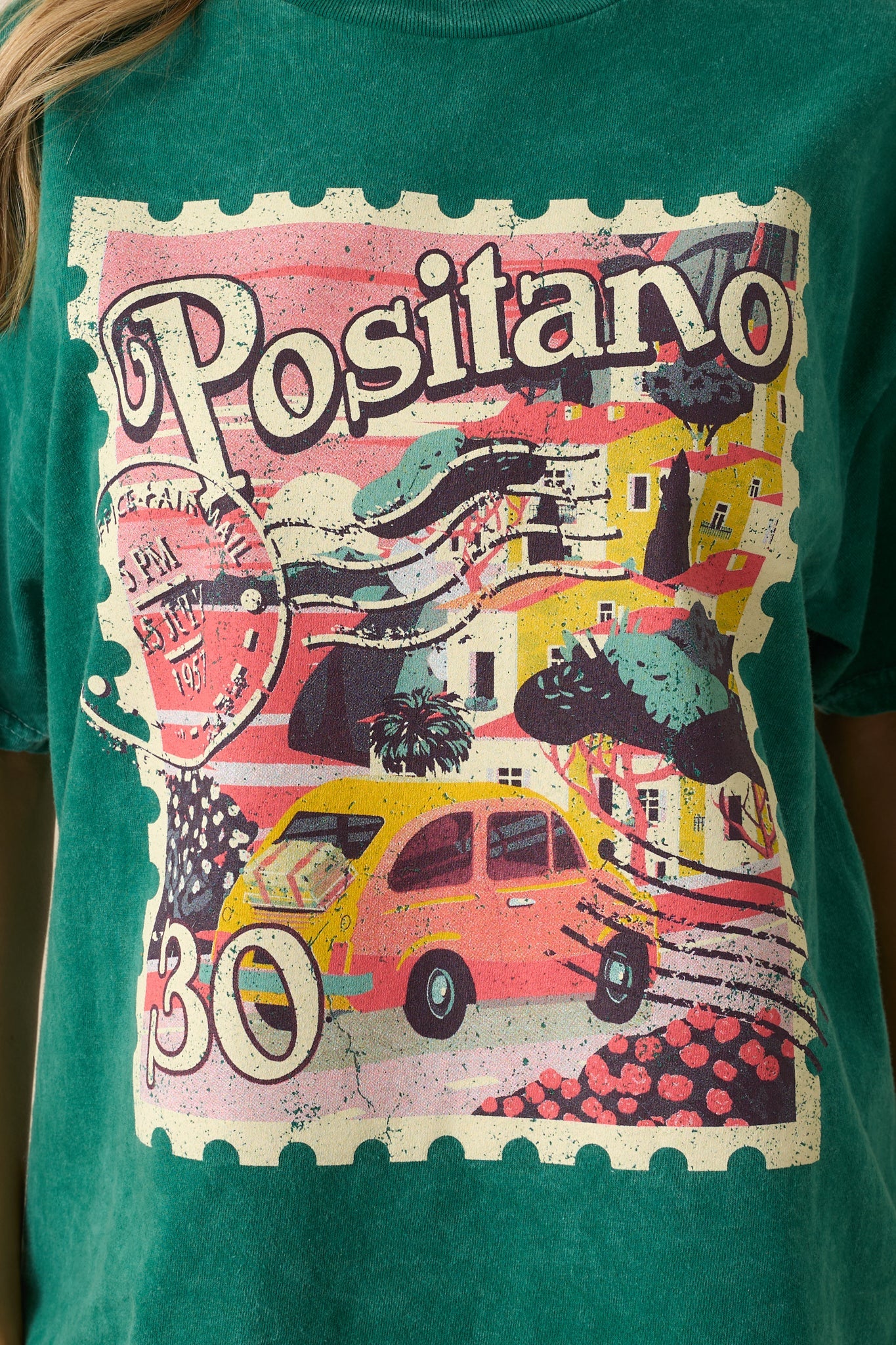 Sending Postcards Acid Wash Green Cotton Stamp Graphic Tee