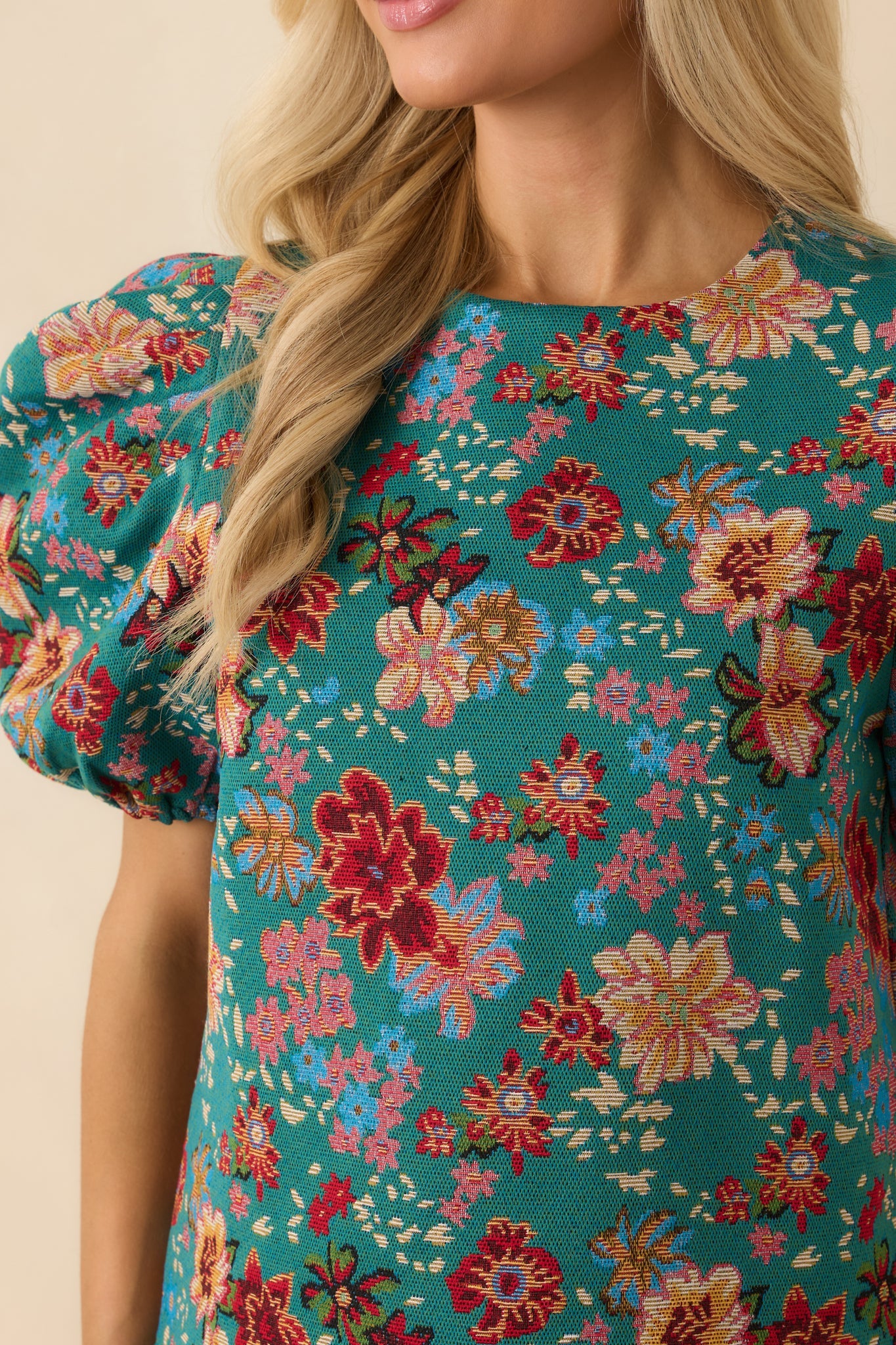 Pretty Please Teal Green Multi Floral Print Puff Sleeve Top