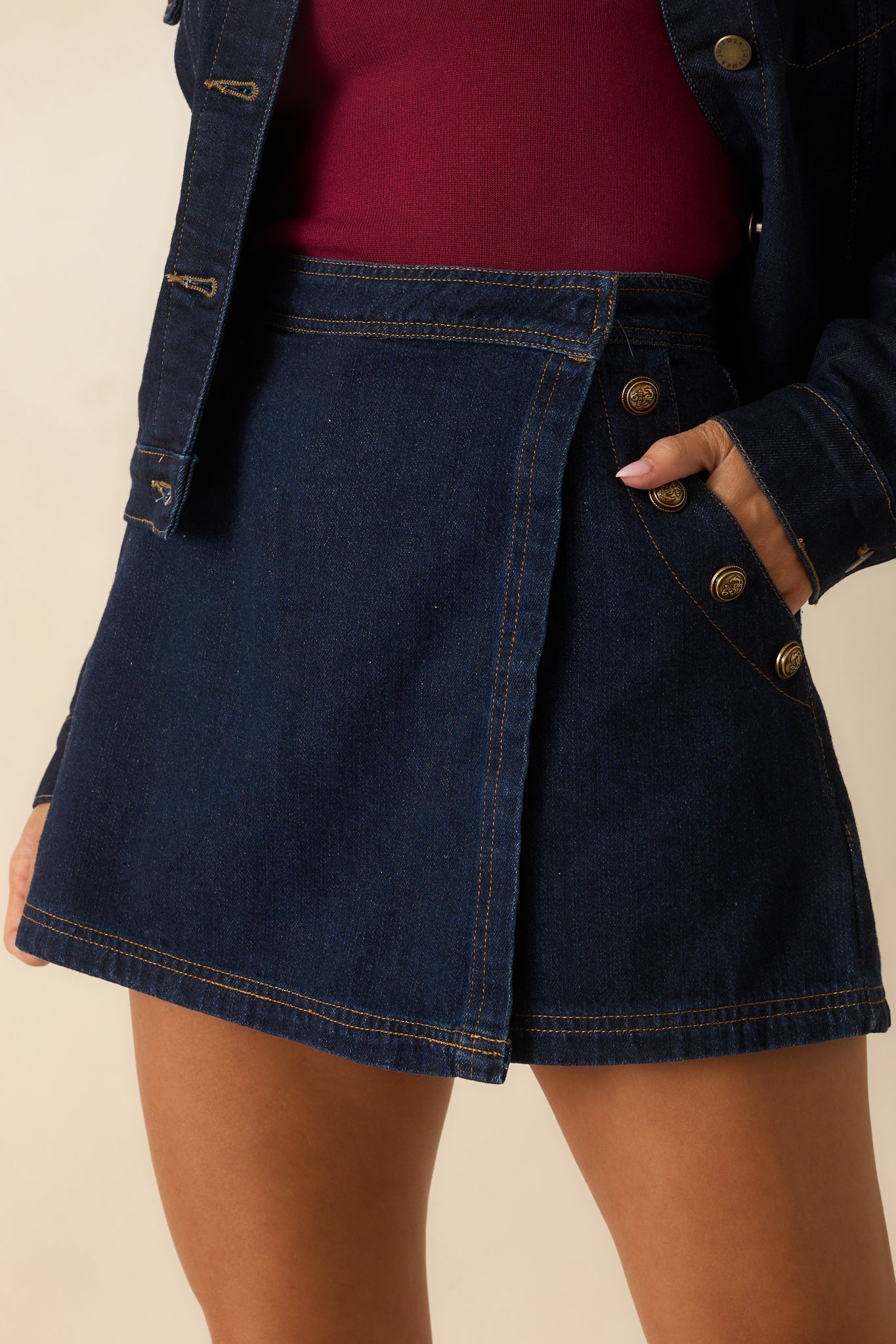 Never Looked Better Dark Wash Cotton Denim Mini Wrap Skort