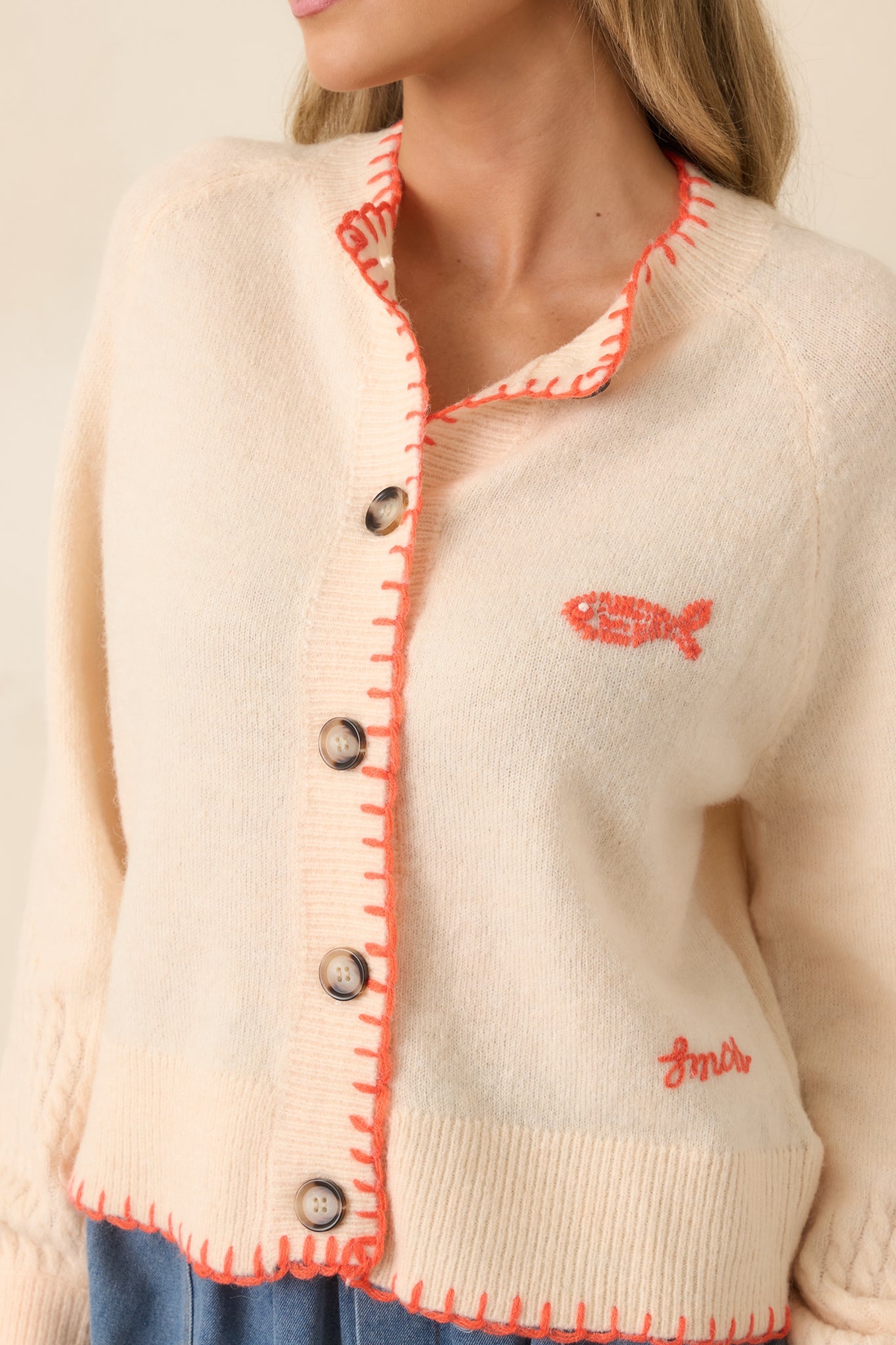 FRNCH Mara Ivory Contrast Stitch Fish Cardigan