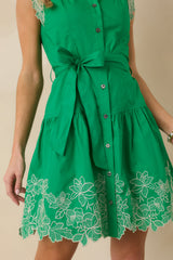 The Way Forward Spring Green Cotton Floral Embroidered Button Down Mini Dress