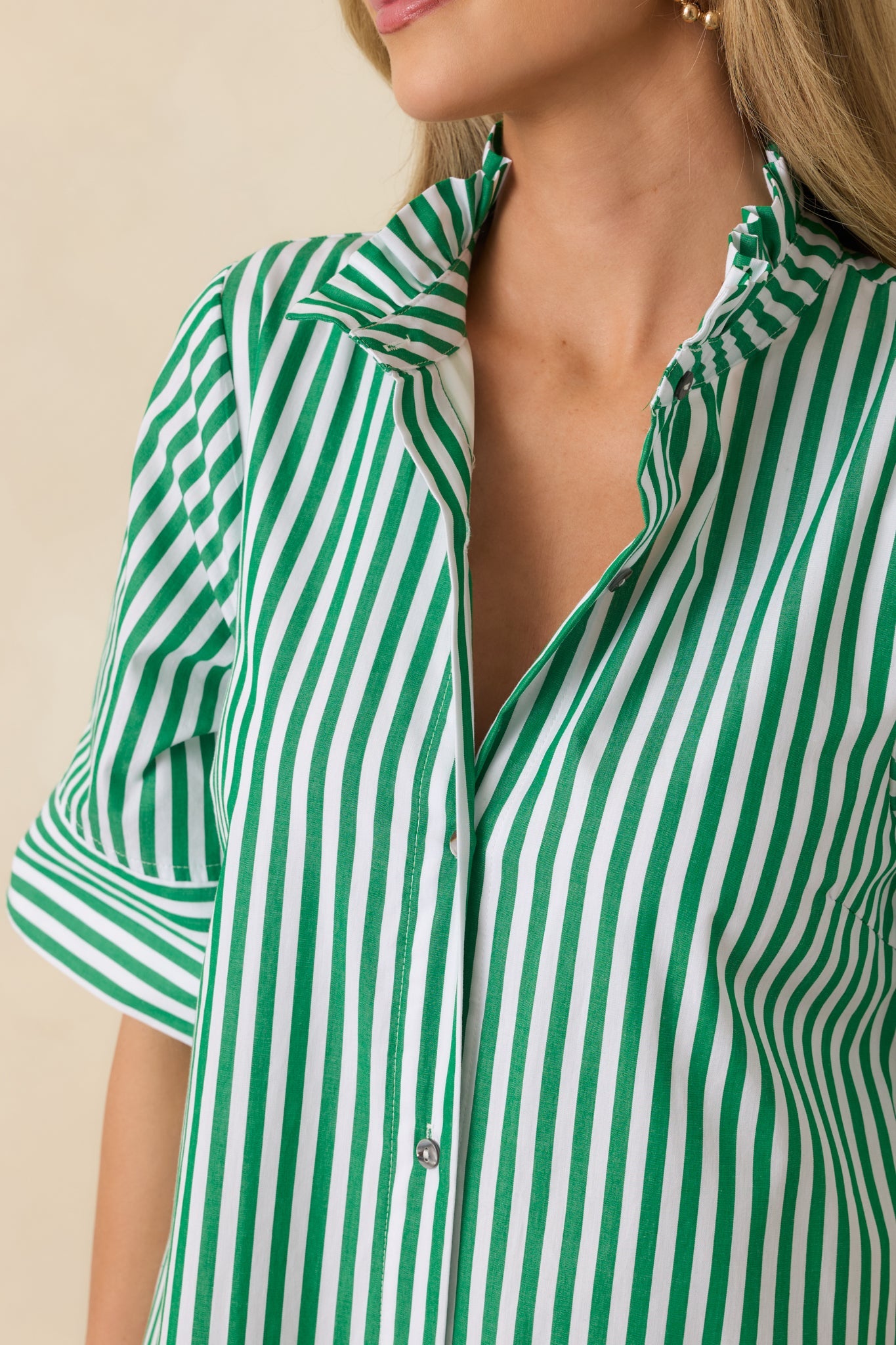 In Perfect Order Green Stripe Button Front Ruffle Collar Midi Shirt Dress