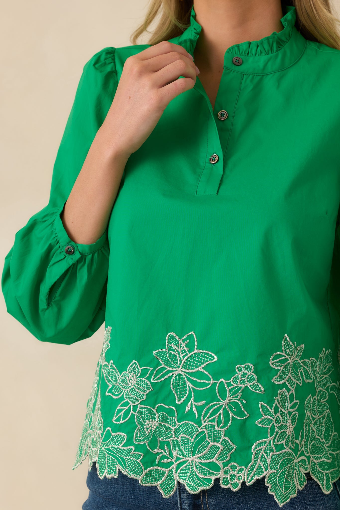 I See You Spring Green Cotton Floral Embroidered Puff Sleeve Top