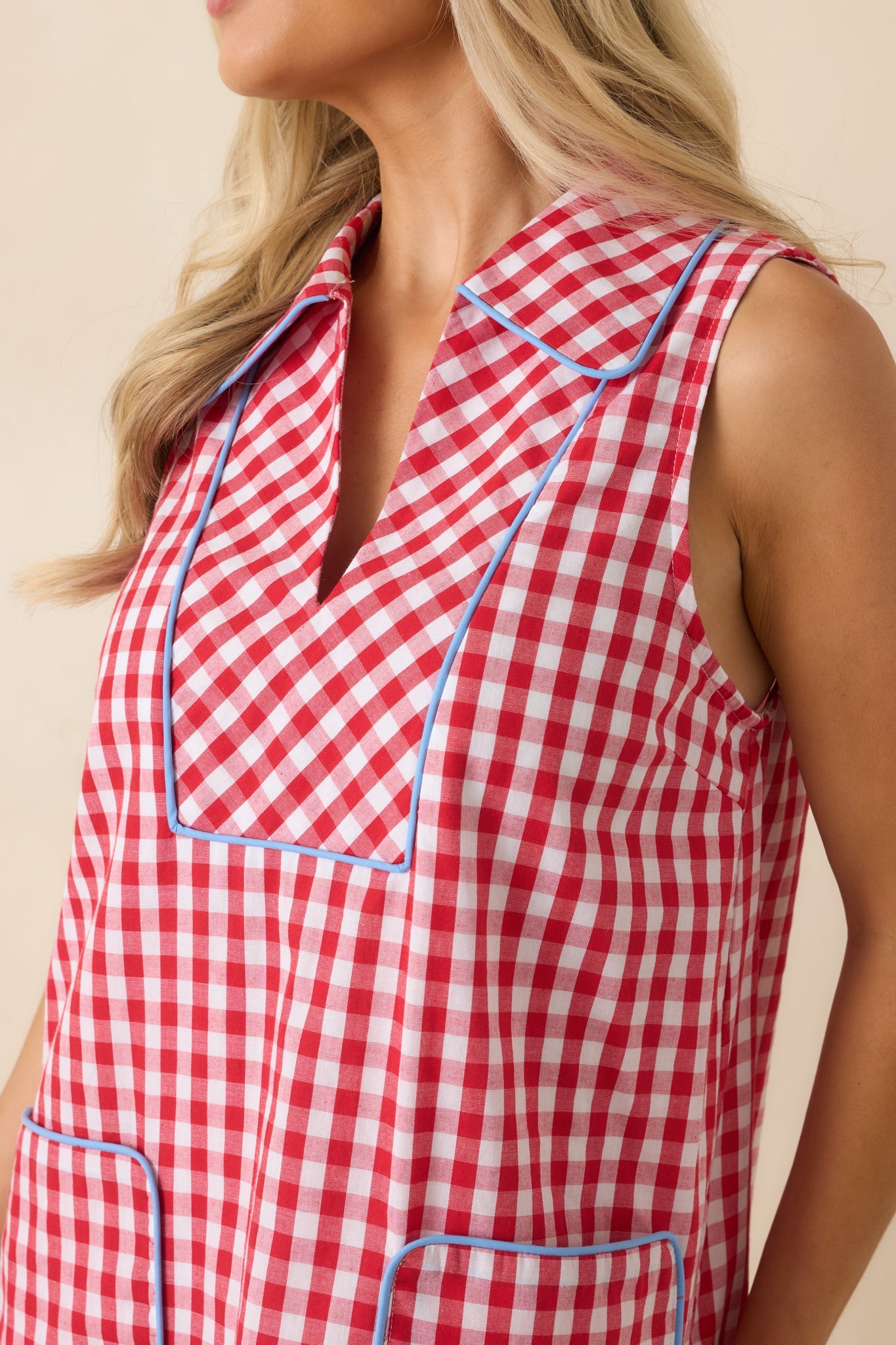 Summer Side Dish Red Gingham Cotton Mini Shift Dress