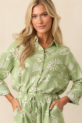 In My Flow Olive Green Tropical Print Linen Button Front Top
