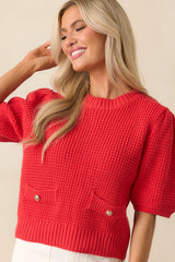 Nothing But Time Red Knit Cotton Short Sleeve Sweater