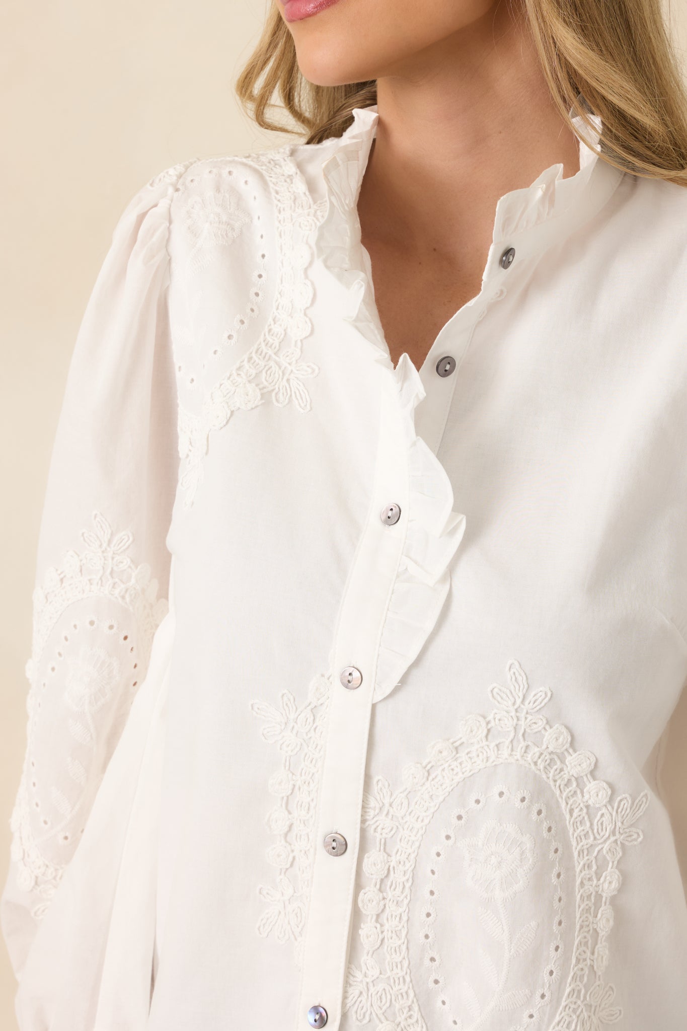 I Will Be Here White Eyelet Appliqué Detail Cotton Long Sleeve Blouse