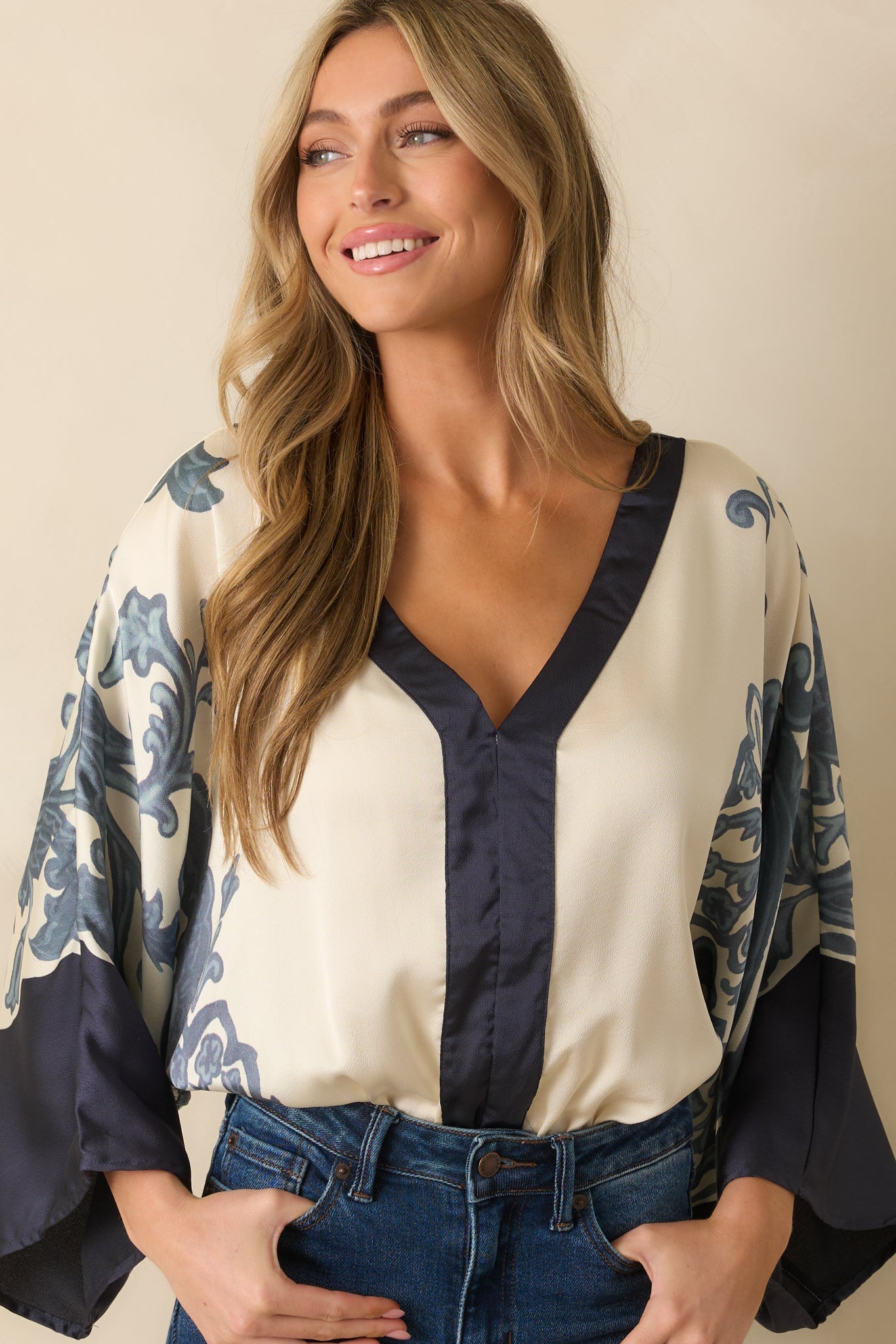 With That Said Navy Multi Print Contrast Trim Kimono Sleeve Bodysuit