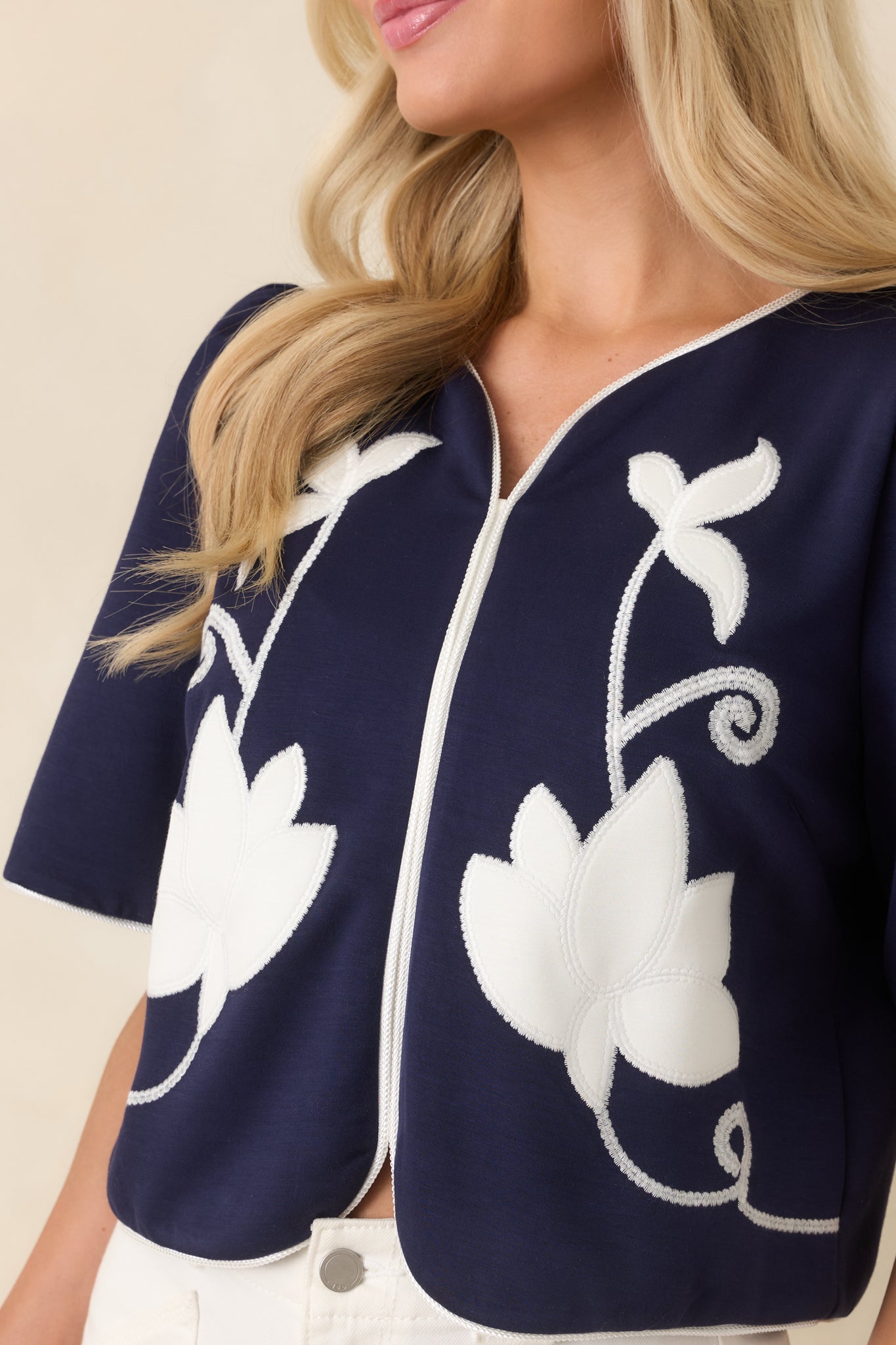 Midnight Magnolia Navy Floral Appliqué Puff Sleeve Top