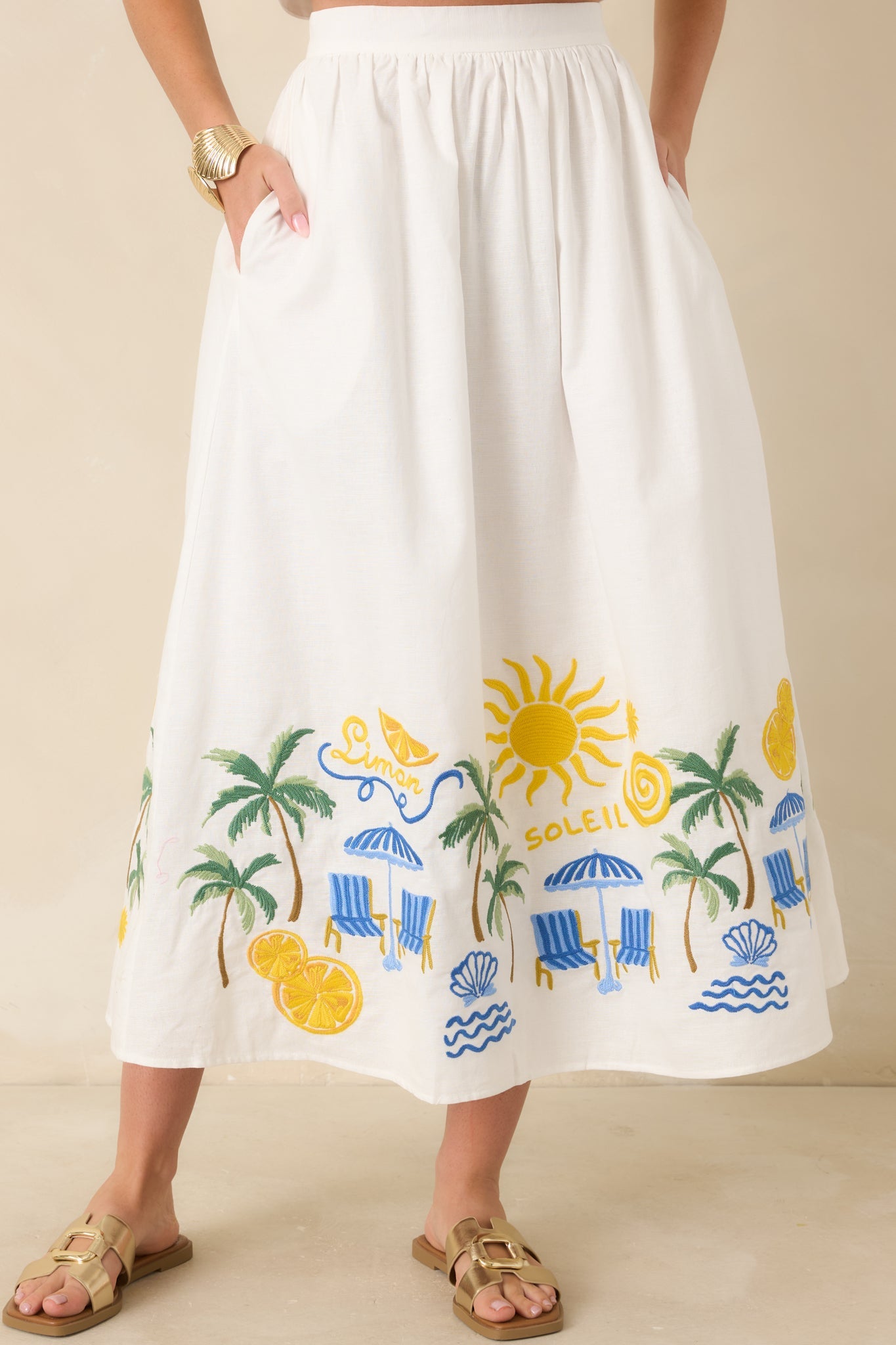 Paradisa Paradena White Multi Embroidered Cotton Blend Midi Skirt