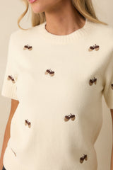 Found My Place Ivory Acorn Embroidered Short Sleeve Sweater