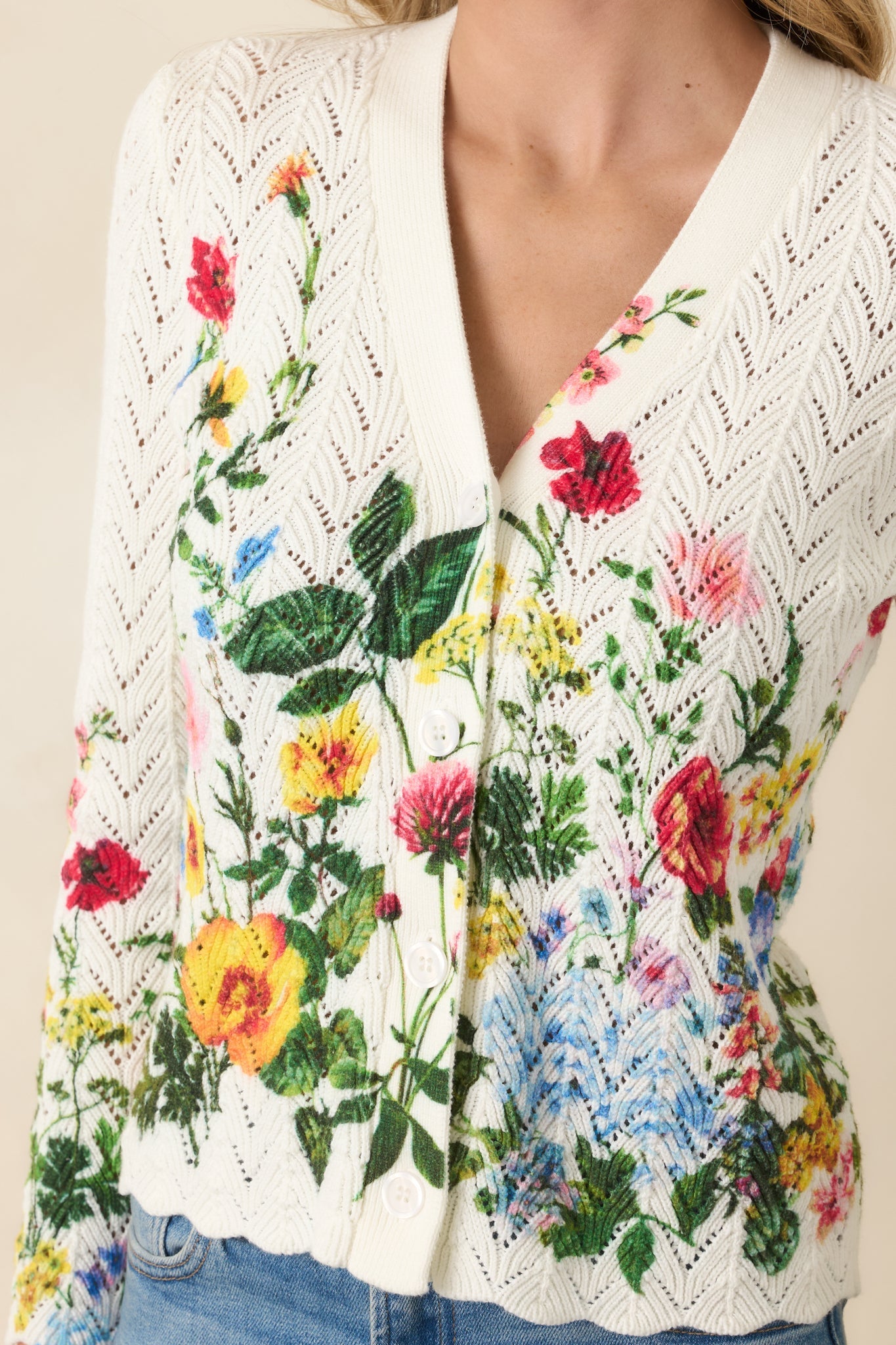 A Beautiful Arrangement Ivory Multi Floral Cotton Pointelle Cardigan