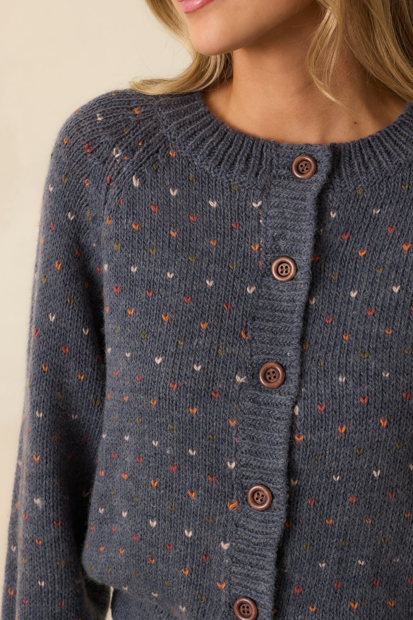Sweet On You Navy Heather Knit Heart Button Up Cardigan Sweater