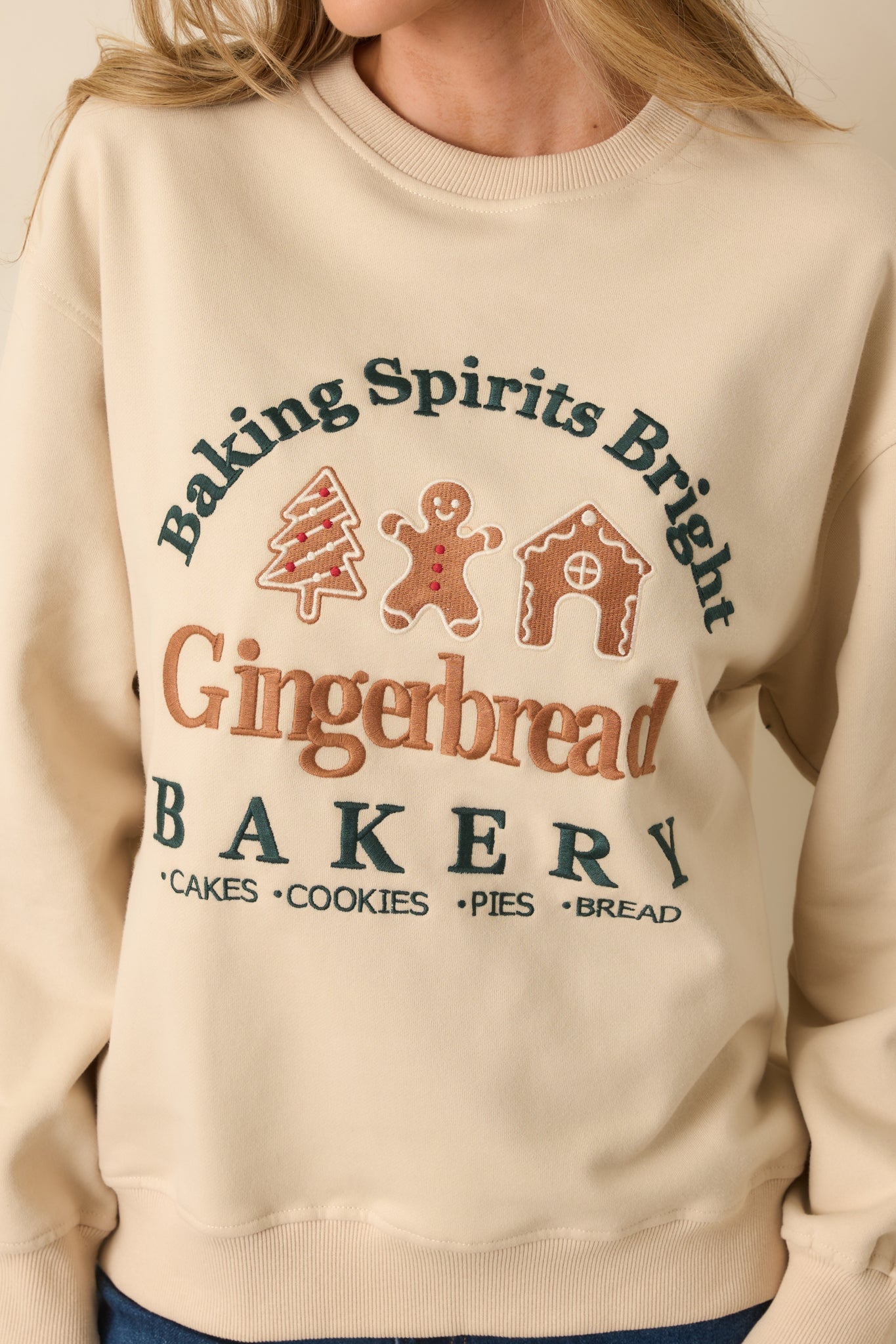 Baking Spirits Bright Light Beige Embroidered Crewneck Sweatshirt