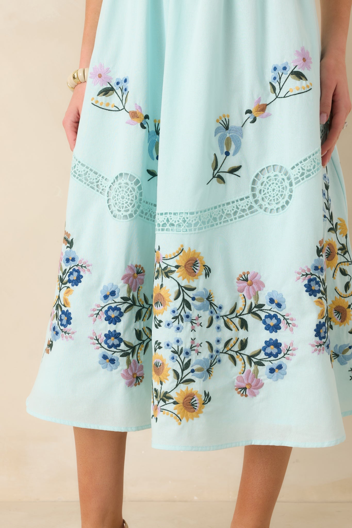 Dancing In The Garden Light Blue Floral Cotton Midi Dress