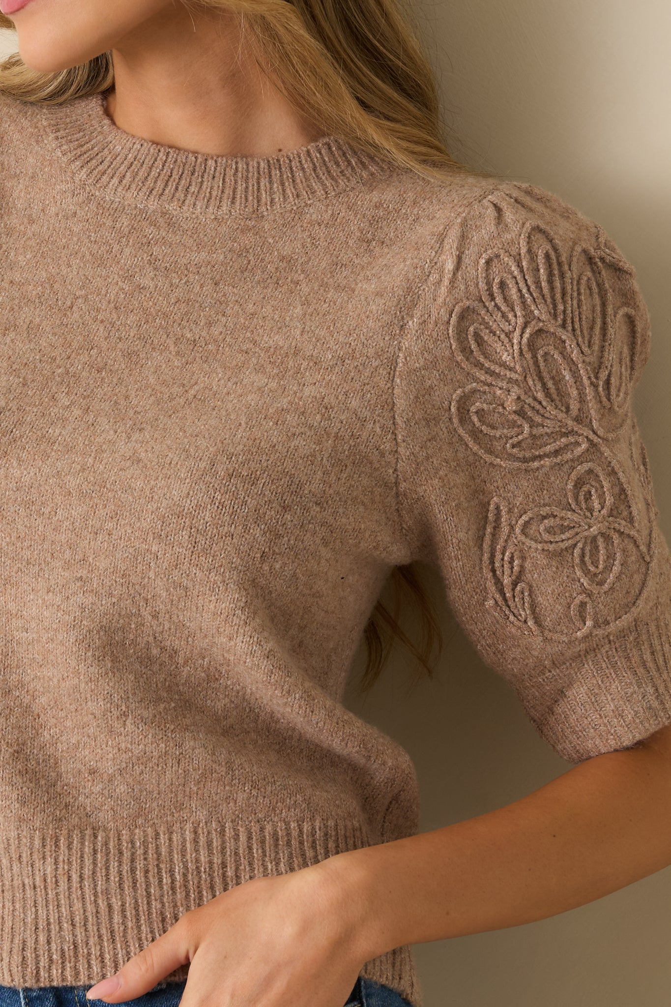 Warm Intuition Mocha Knit Embroidered Puff Sleeve Sweater