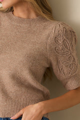 Warm Intuition Mocha Knit Embroidered Puff Sleeve Sweater
