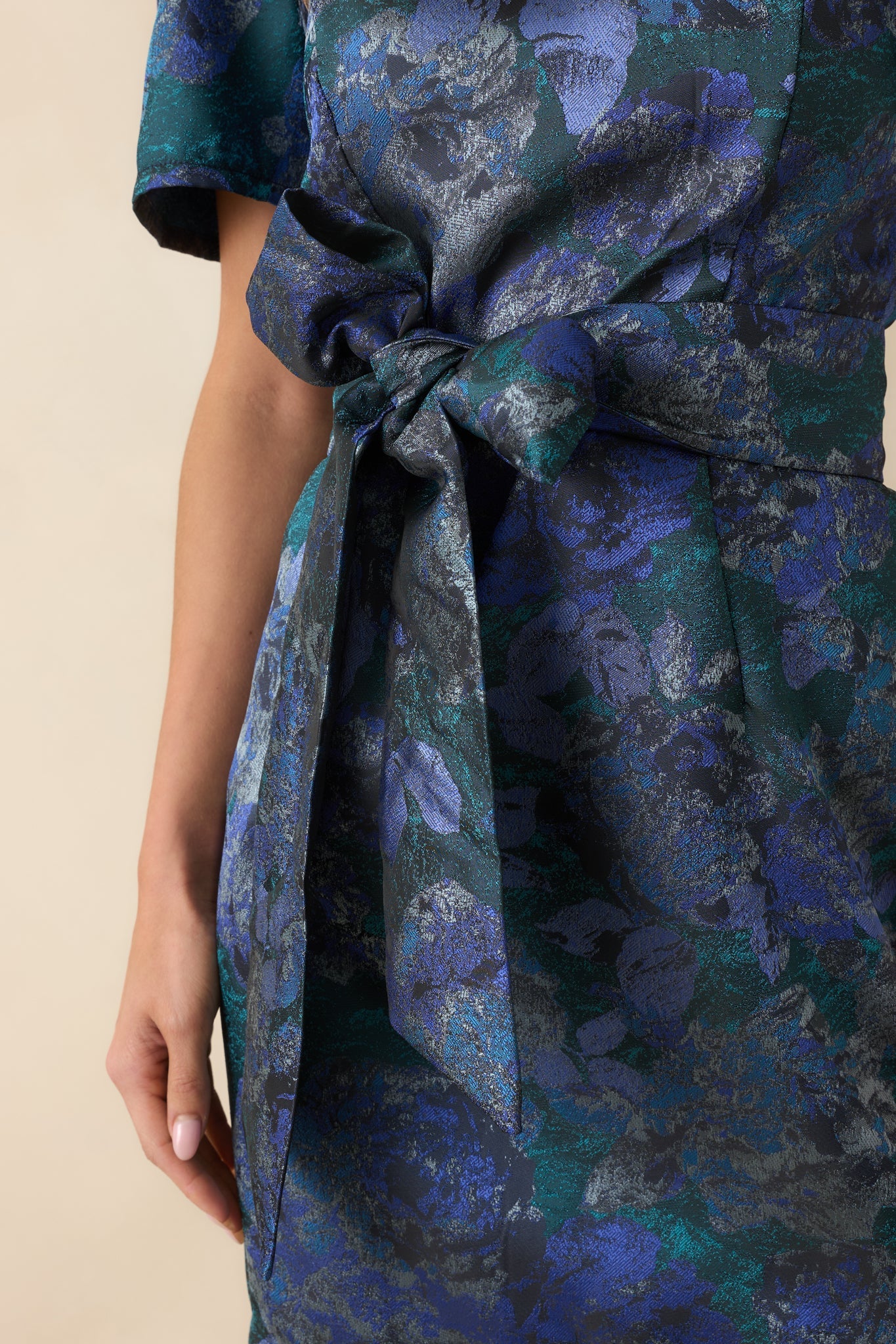 That's The Idea Blue Multi Floral Jacquard Belted Mini Dress
