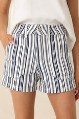 A Classic Touch Navy Blue Stripe Cotton High Waisted Denim Shorts
