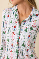 Holiday Brigade White Multi Nutcracker Long Sleeve Button Up Pajama Top