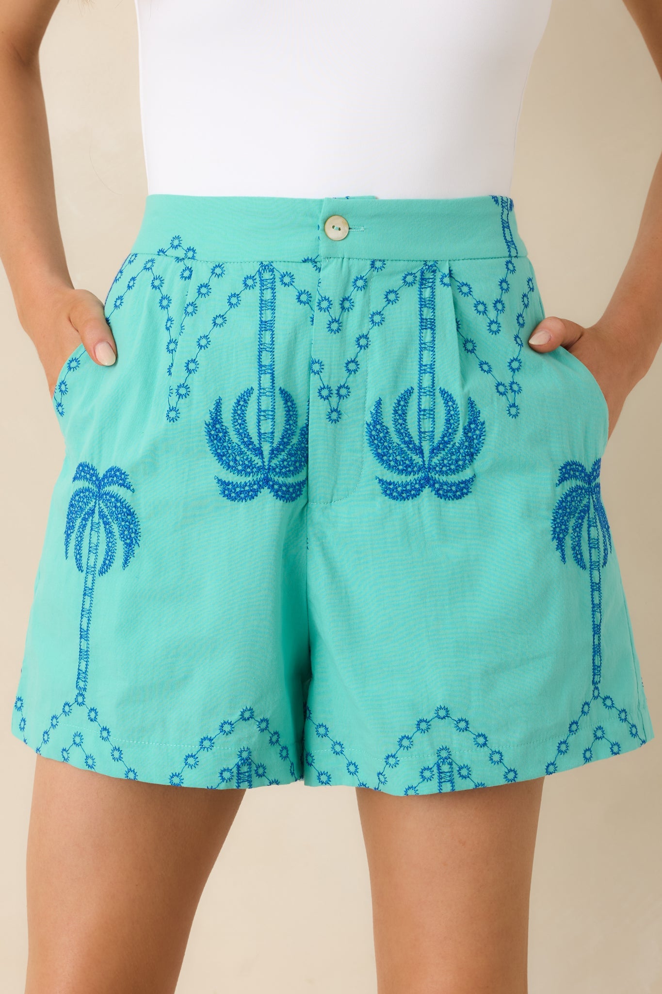 Island Pulse Teal Palm Embroidered Cotton Shorts