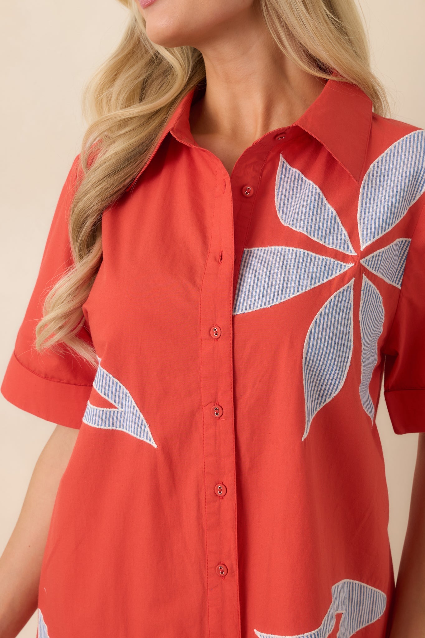 Bloom & Be Seen Poppy Red Cotton Floral Applique Mini Shirt Dress